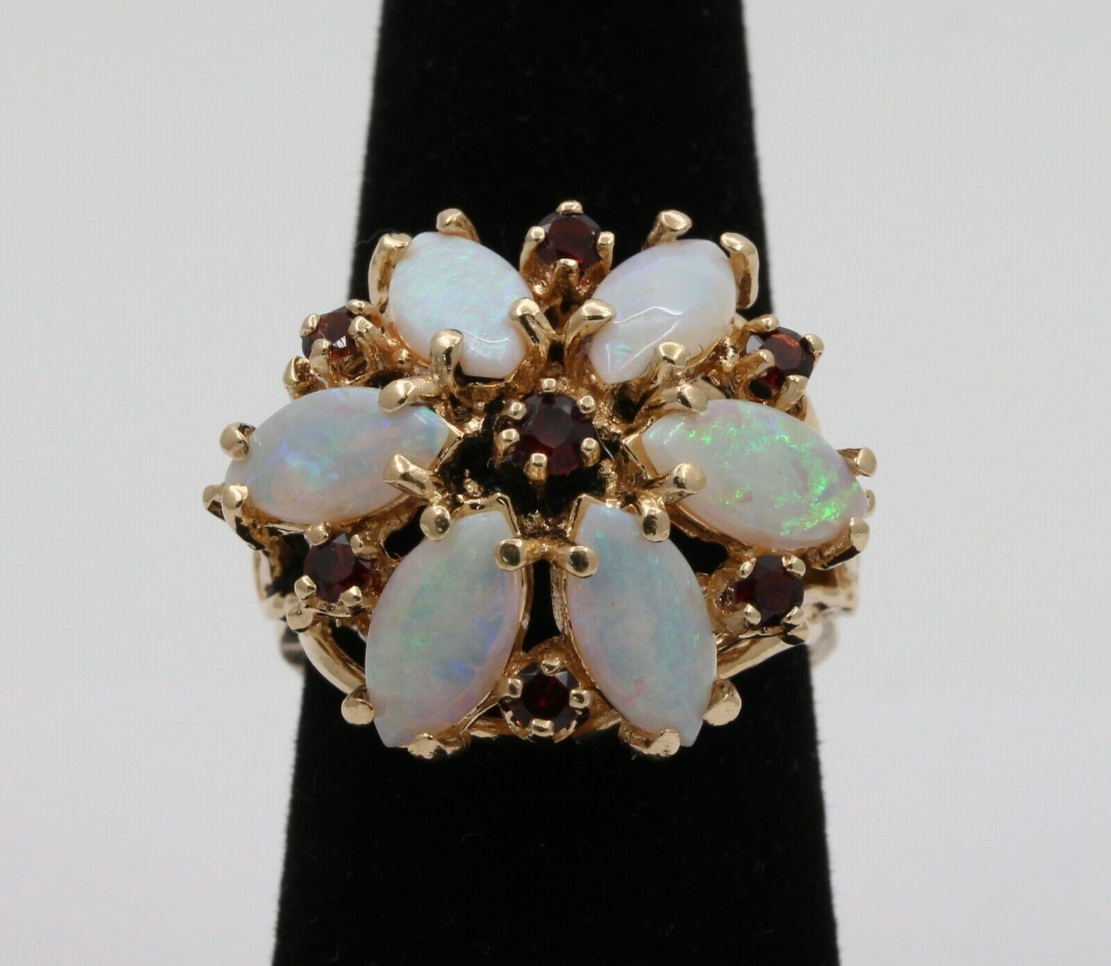 Vintage 14K Yellow Gold Floral Opal Garnet Ring