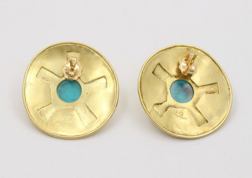 Vintage Natural Turquoise Funky Disk 18K Gold Post Back Earrings