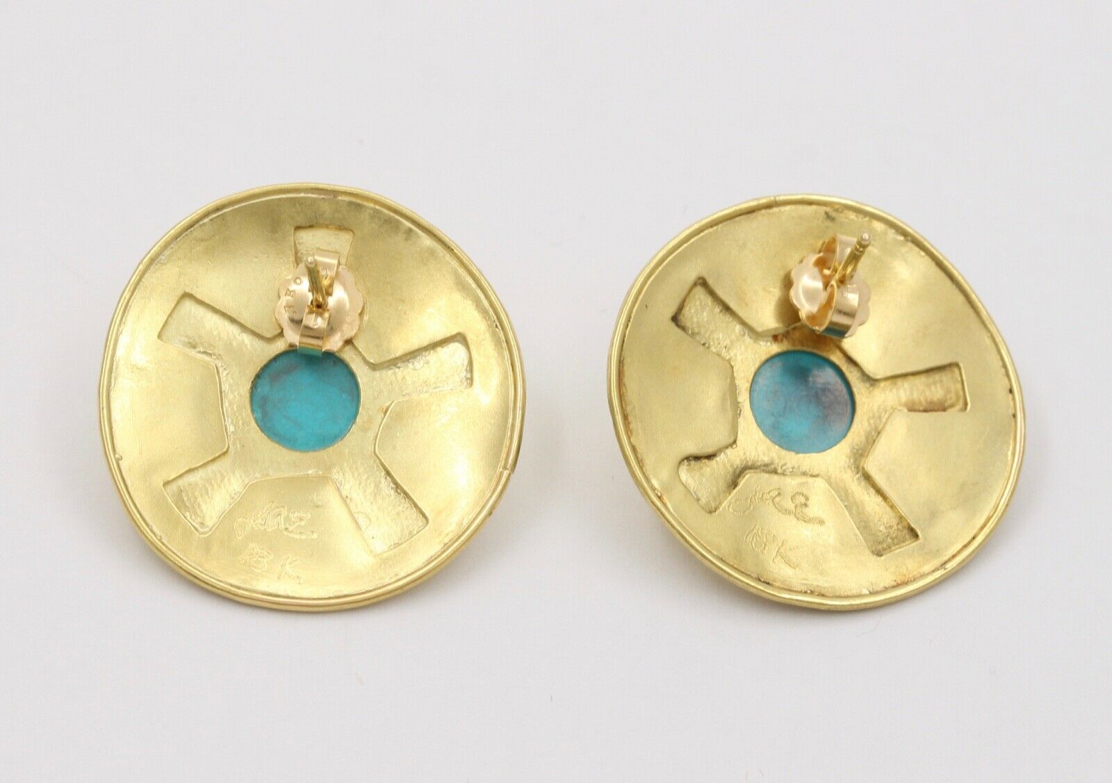 Vintage Natural Turquoise Funky Disk 18K Gold Post Back Earrings