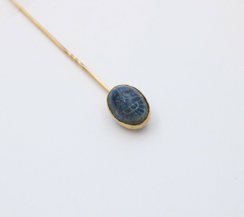 Antique 14K Yellow Gold Egyptian Revival Scarab Sodalite Stick Pin, Lapel Pin