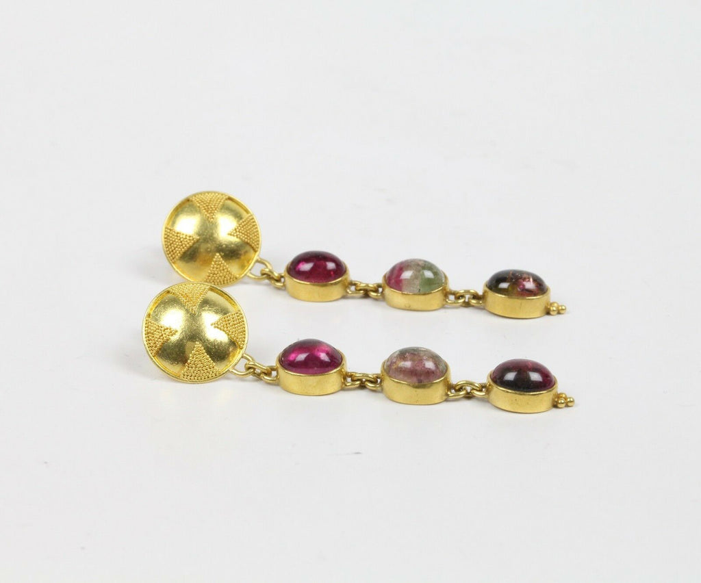 Vintage 18K Yellow Gold and Watermelon Tourmaline Dangling Earrings