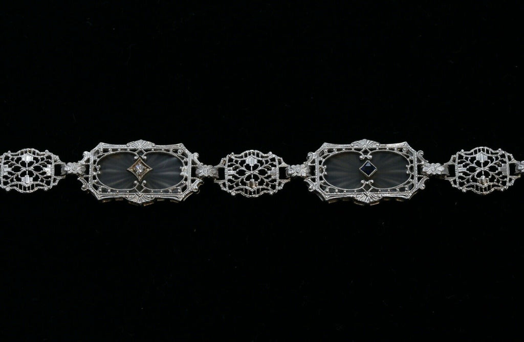 Art Deco Sapphires Diamonds Art Glass 14K White Gold Filagree Bracelet