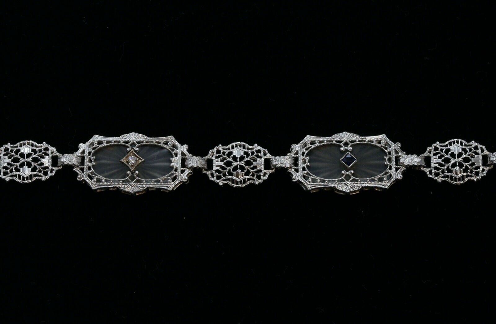 Art Deco Sapphires Diamonds Art Glass 14K White Gold Filagree Bracelet