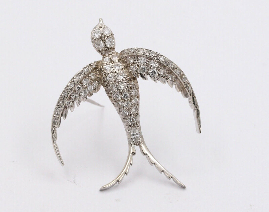Vintage Swallow Bird Diamonds 14K White Gold Pendant Brooch Pin