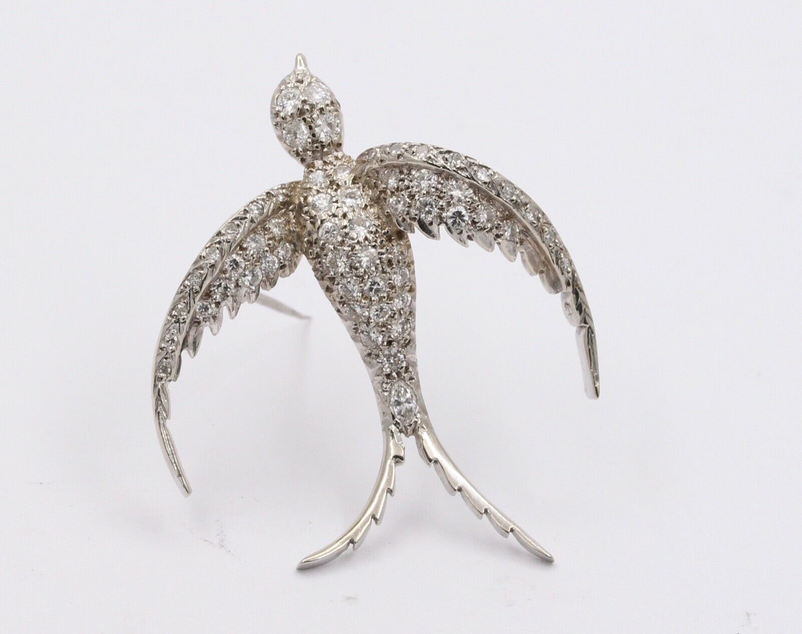 Vintage Swallow Bird Diamonds 14K White Gold Pendant Brooch Pin
