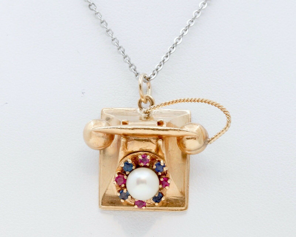 Vintage Moveable Telephone 14K Yellow Gold Pearl Sapphires Rubies Pendant Charm