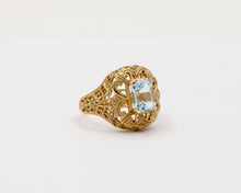 Load image into Gallery viewer, Vintage 10K Yellow Gold Filigree Blue Topaz Ring, Estate, Cocktail Ring
