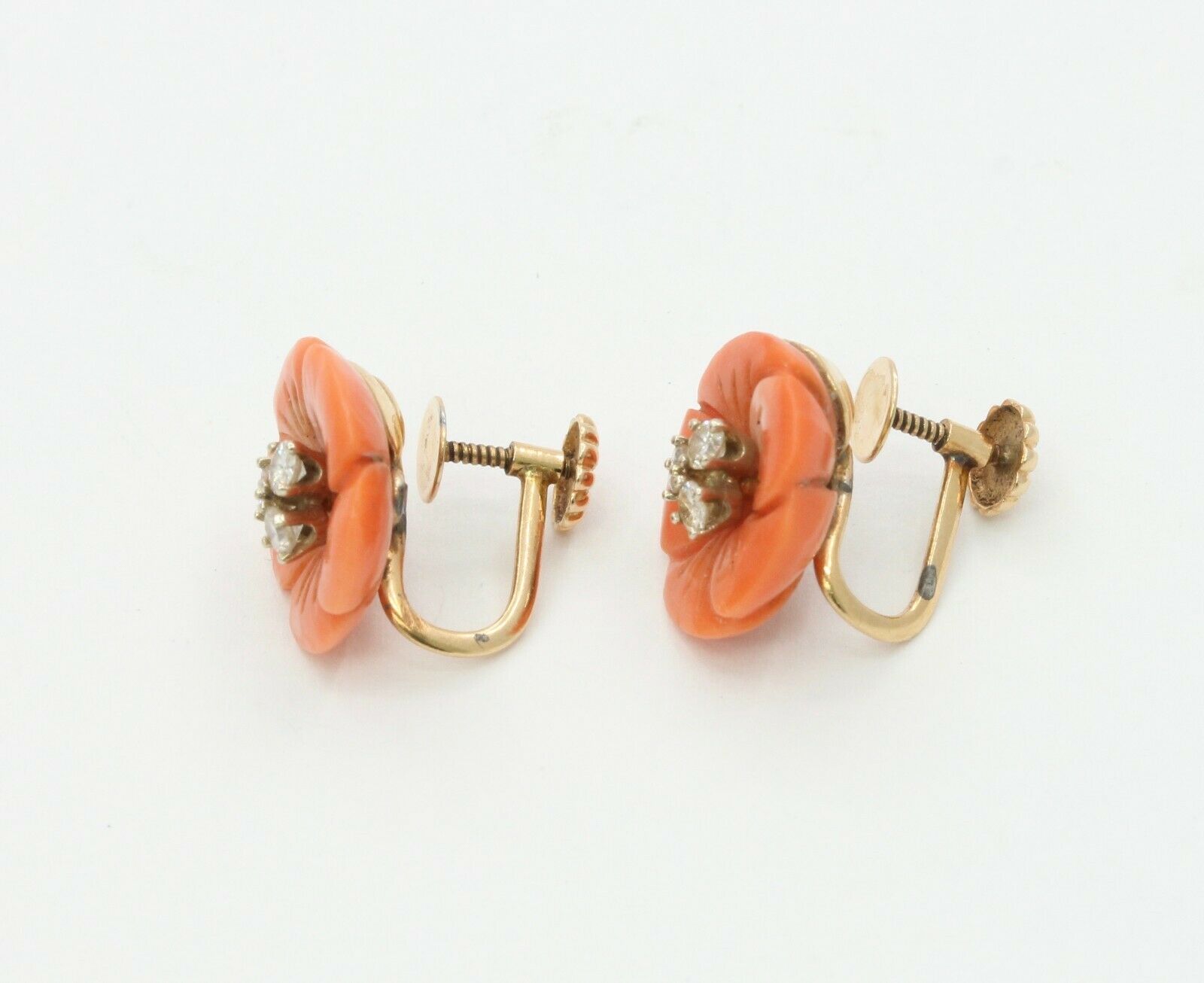 Vintage 14k Yellow Gold Diamond Coral Floral Non Pierced Earrings