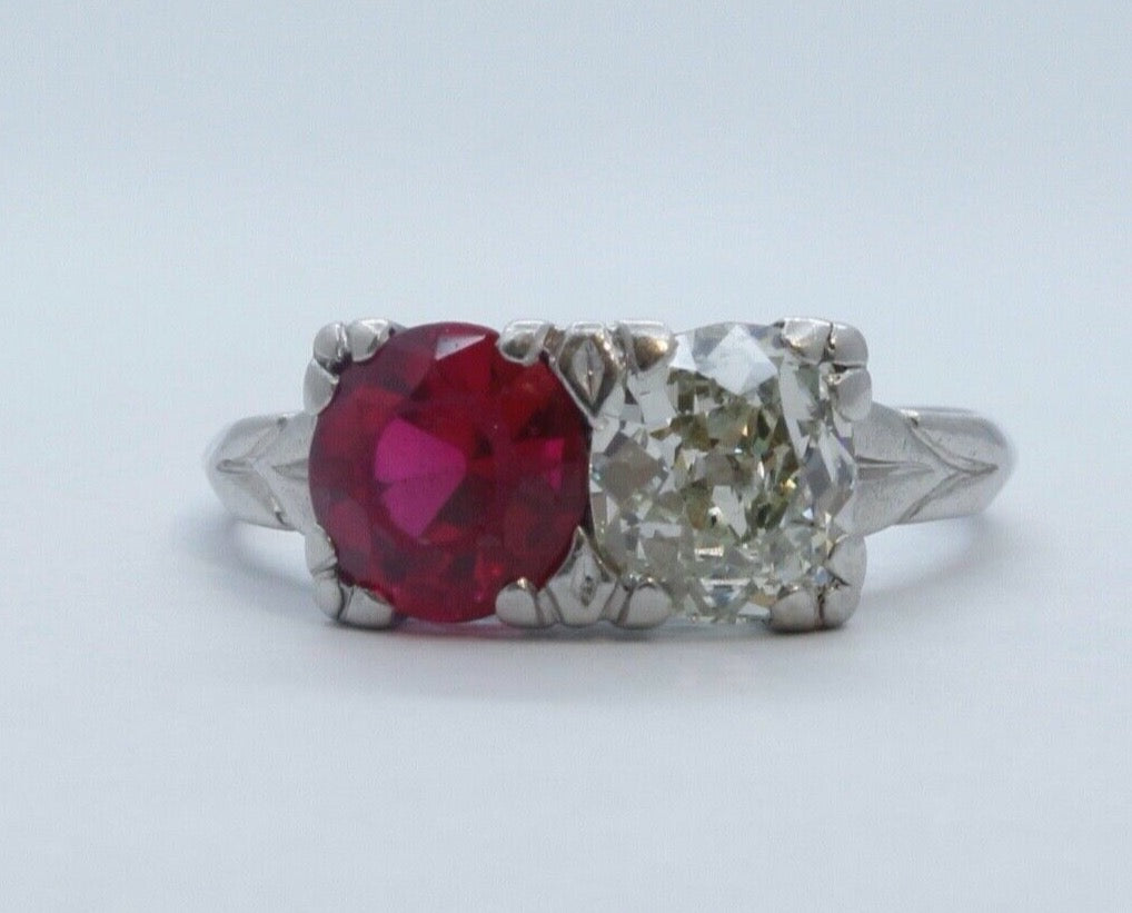 Vintage Ladies Large Diamond Ruby Platinum Ring