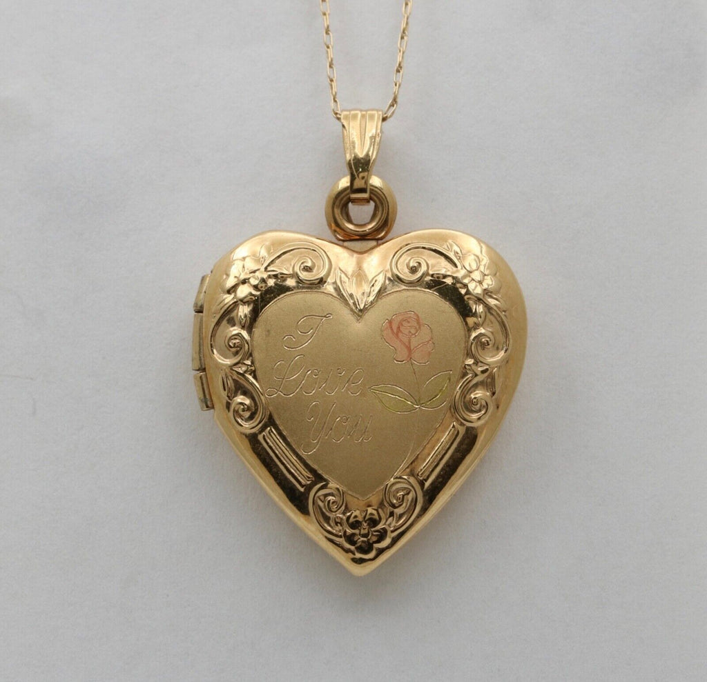 Vintage Heart "I Love You" 14K Yellow Pink Gold  Locket Pendant
