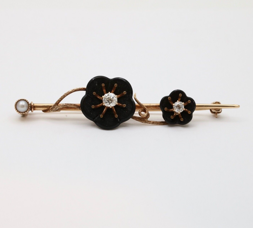 Vintage Diamond Flower 14K Yellow Gold Bar Pin