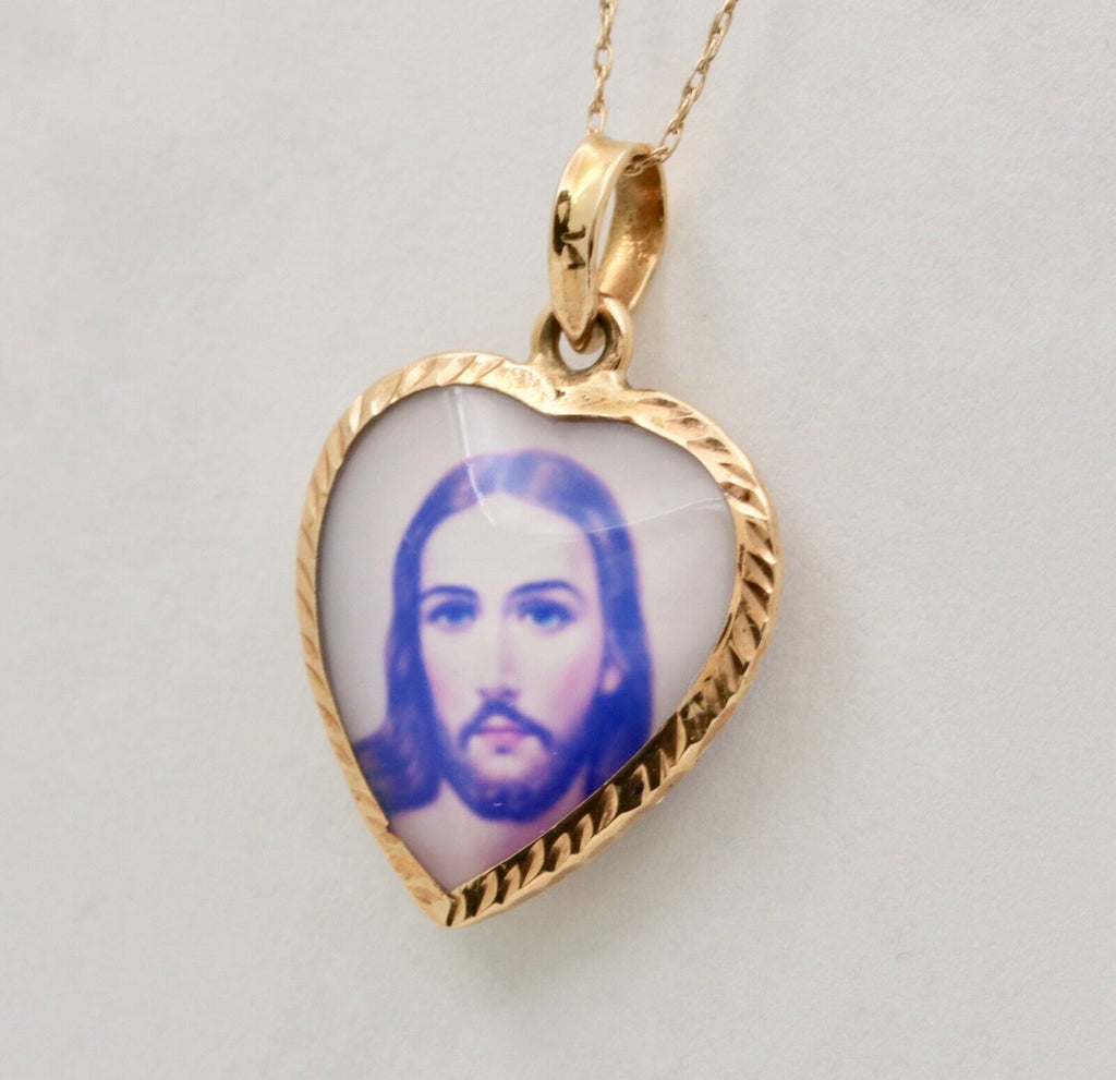 Vintage Jesus Virgin Mary Heart 14K Yellow Gold Pendant Charm