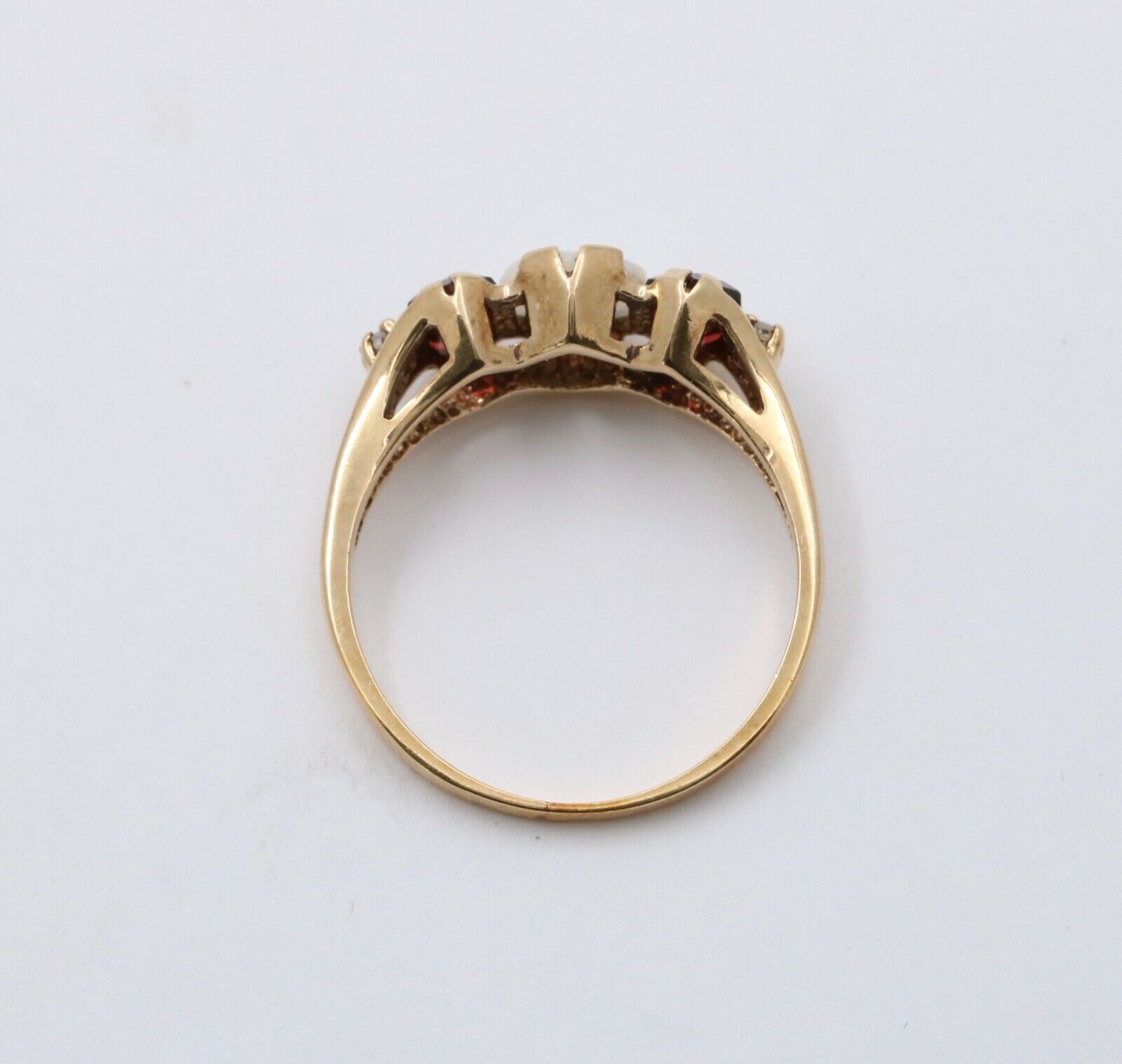 Vintage 10K Yellow Gold Opal, Garnet and Diamond Ring Band. Stacking Ring.
