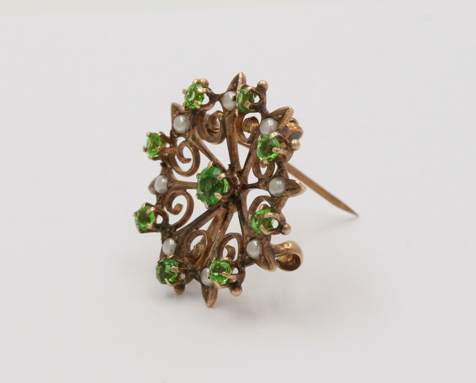 Sweet Victorian Scrolling Green Garnet And Split Pearl Brooch Pin, Pendant, Watc