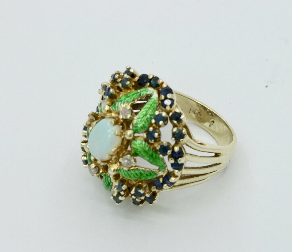 Vintage Cluster Ring 14K Yellow Gold Opal Sapphires Diamonds