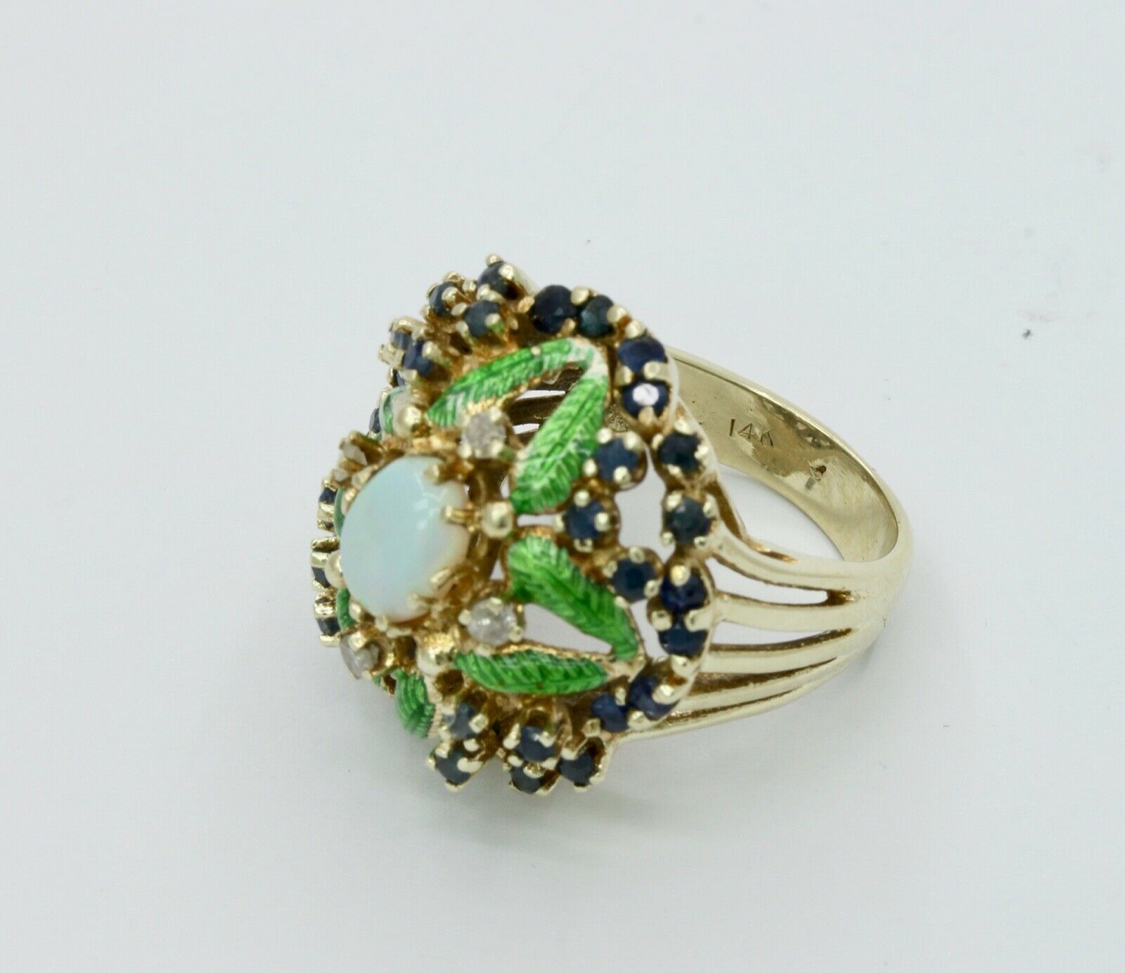 Vintage Cluster Ring 14K Yellow Gold Opal Sapphires Diamonds