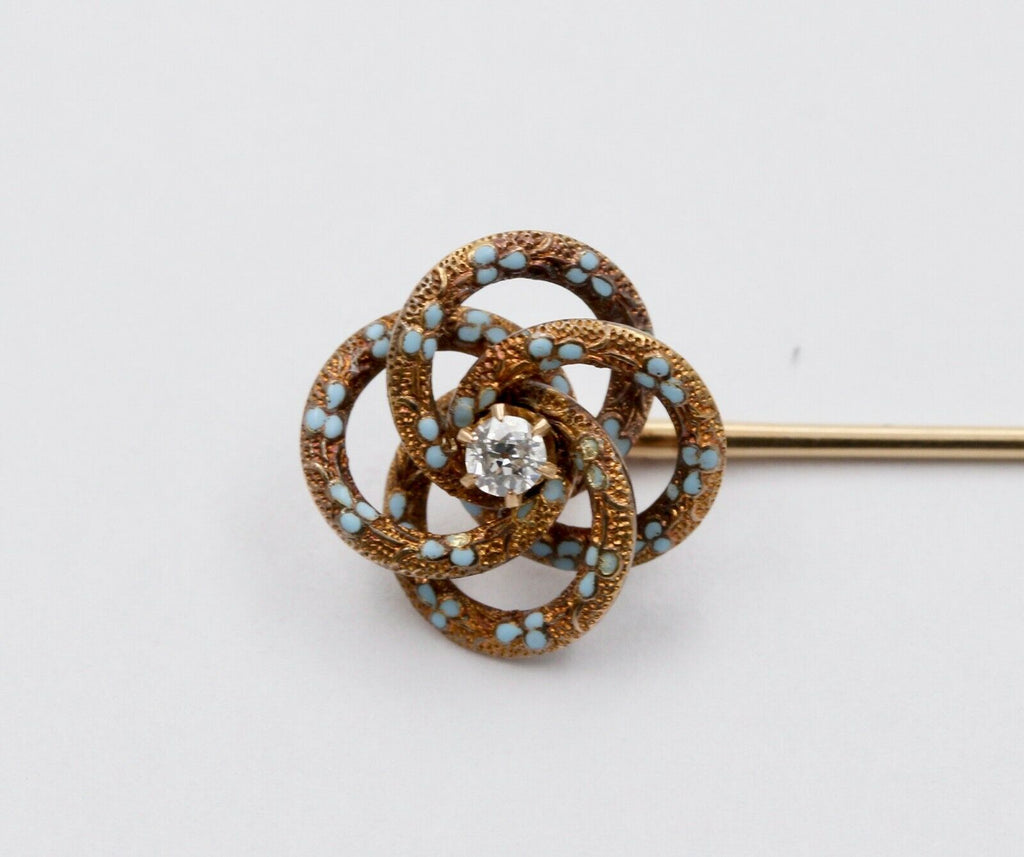 Vintage 14K Yellow Gold Diamond Enamel Stick Pin