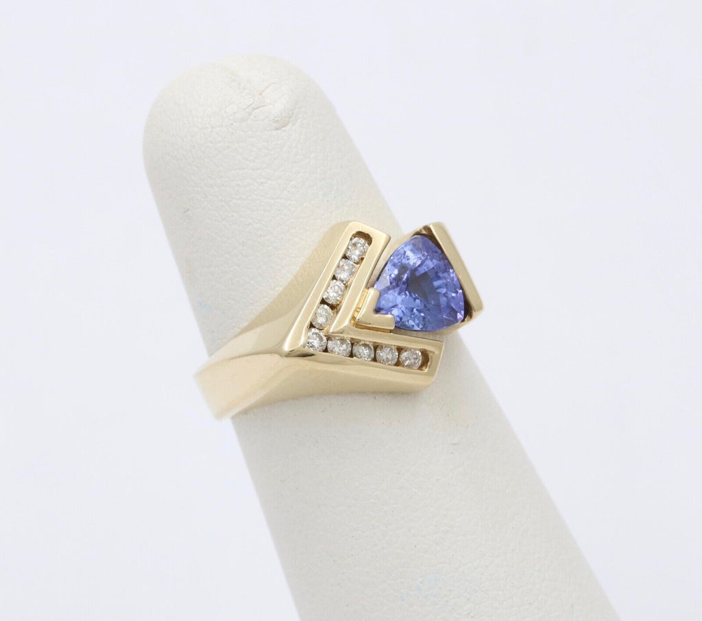 Vintage 14K Gold Geometric Tanzanite And Diamond Ring Band
