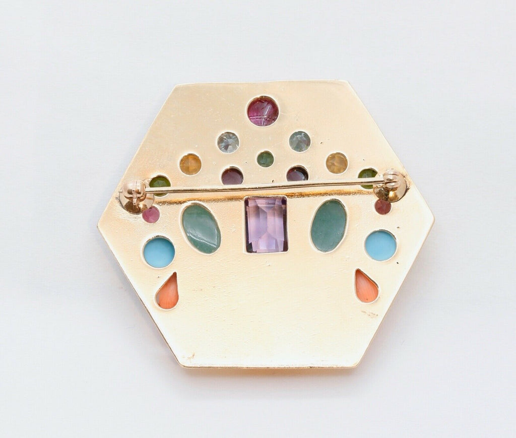 Vintage Multi Stone Flower Basket 14K Yellow Gold Brooch Pin