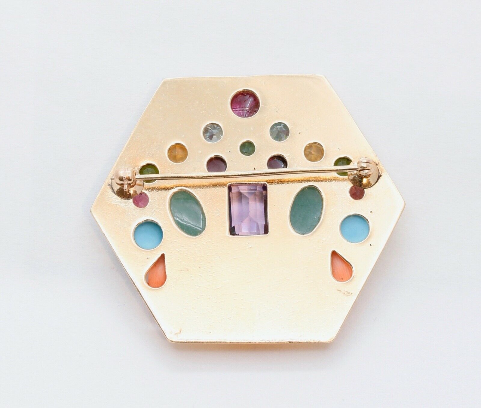 Vintage Multi Stone Flower Basket 14K Yellow Gold Brooch Pin