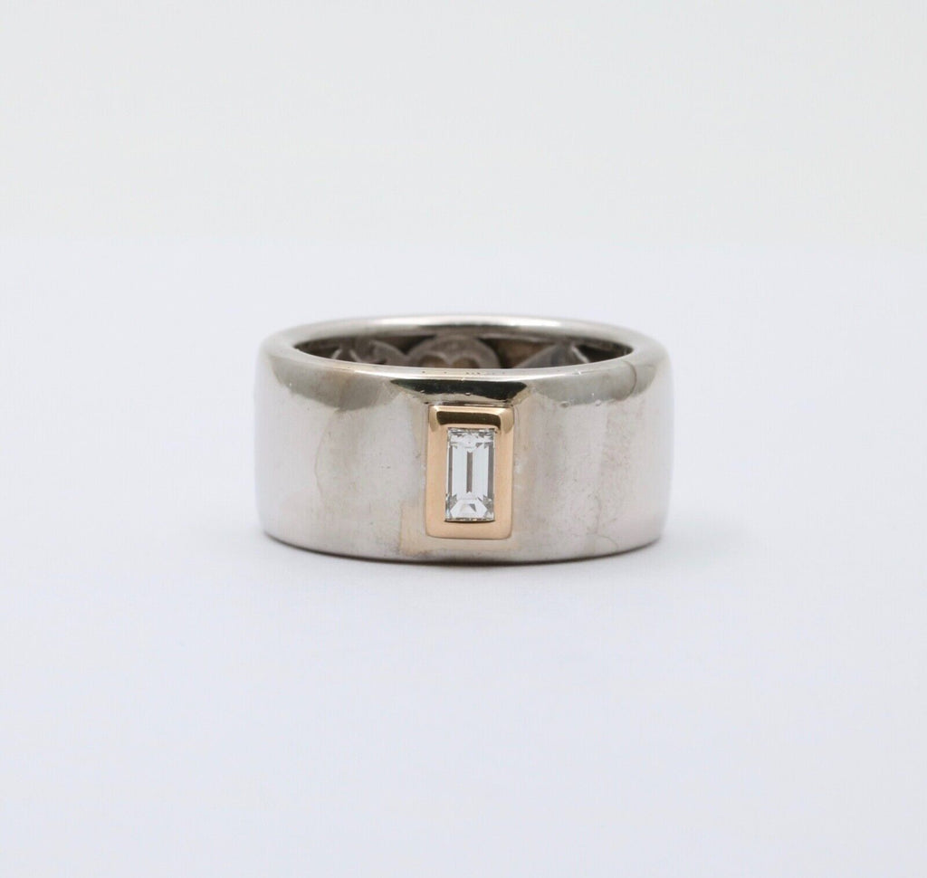 Funky 18K Gold Step Cut Baguette Diamond Wide Cigar Band, Stacking Ring.
