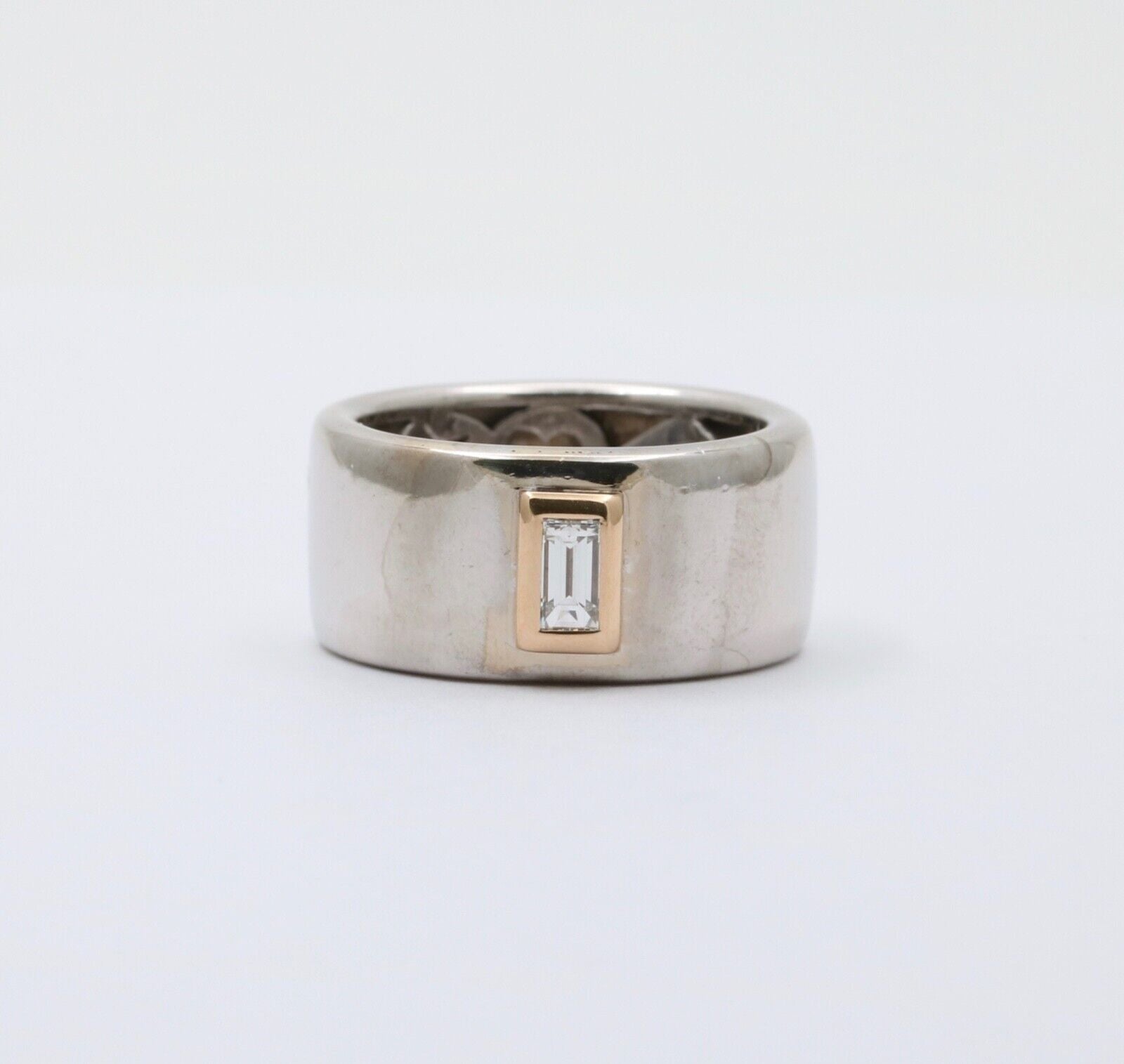 Funky 18K Gold Step Cut Baguette Diamond Wide Cigar Band, Stacking Ring.