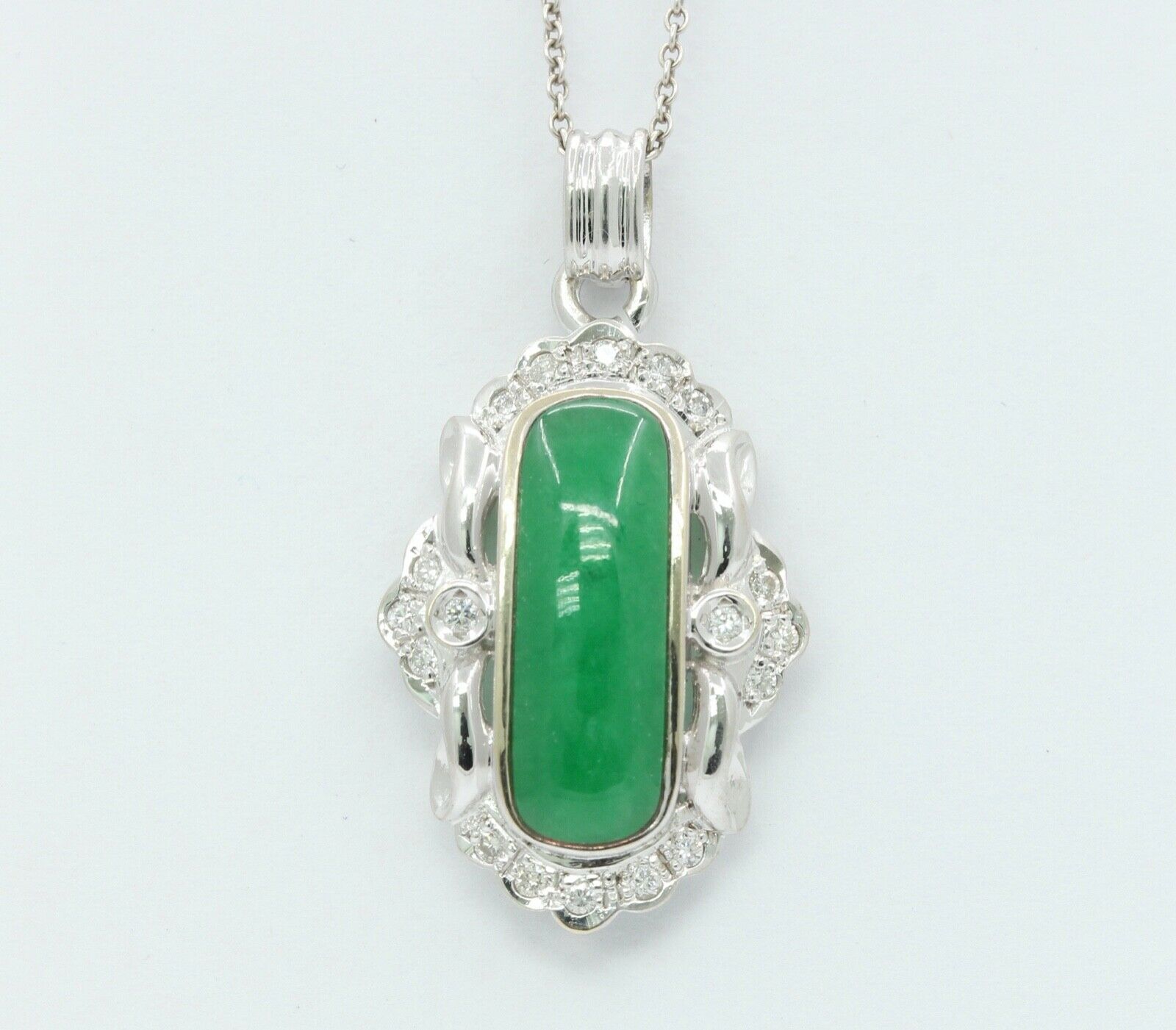 Vintage 14K White Gold Jade Diamonds Pendant