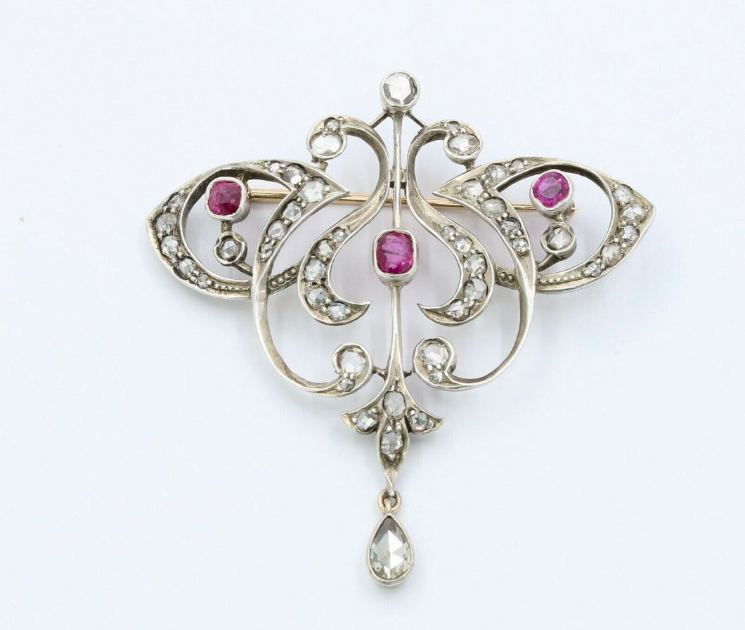 Edwardian 18K & Silver Diamond Ruby Brooch