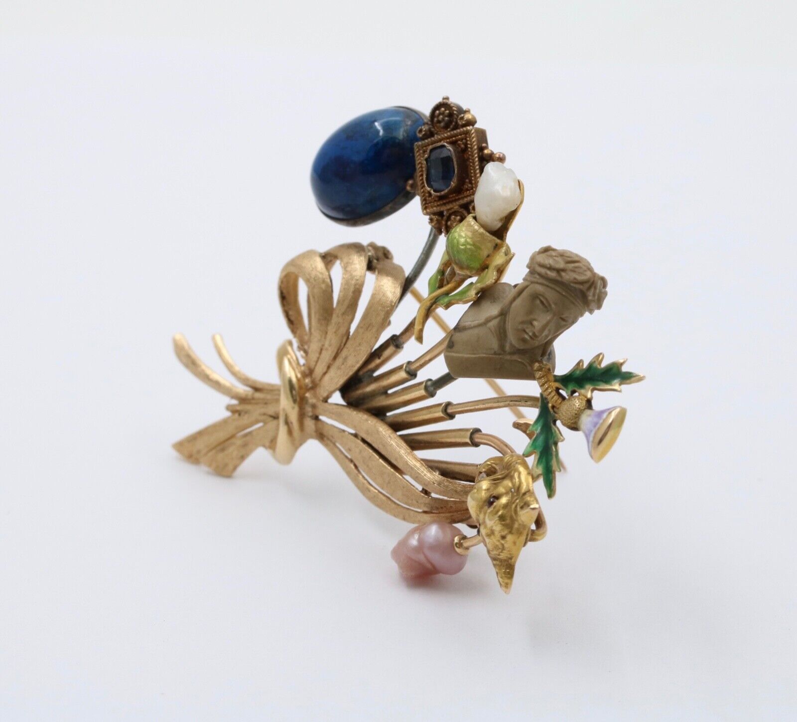 Vintage 14K Gold Stick Pin Conversion Brooch, Enamel Sapphire, Pearl.