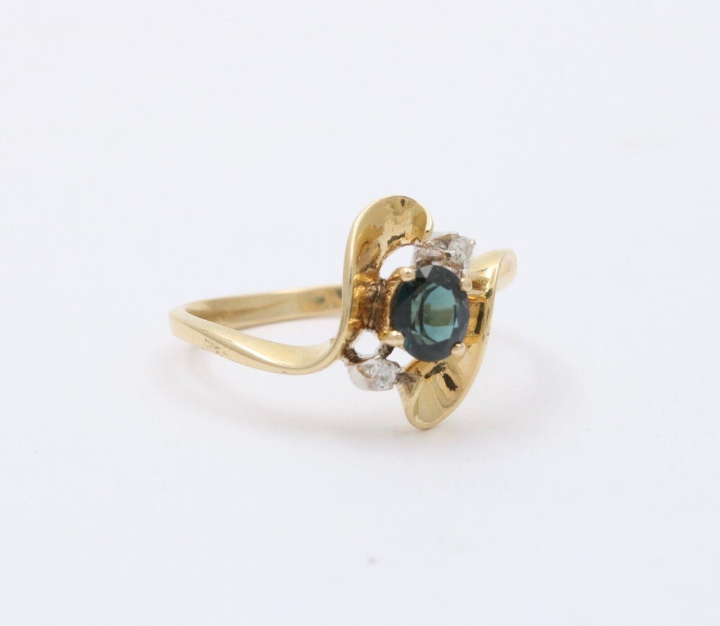 Vintage Blue Sapphire Diamonds 14K Yellow White Gold Ring