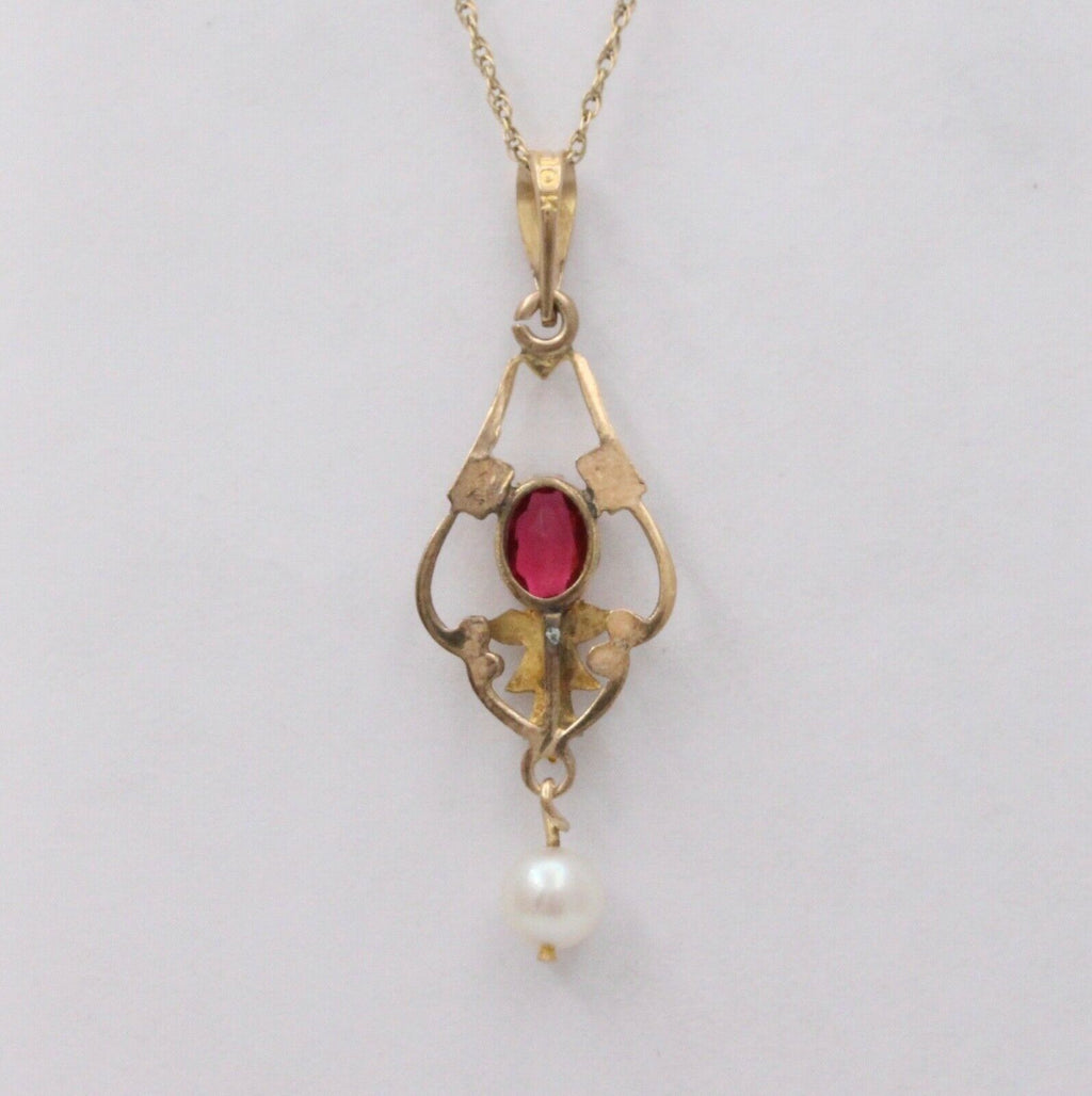 Antique Art Nouveau 10K Yellow Gold Pink Tourmaline & Pearl Charm, Teardrop Pend