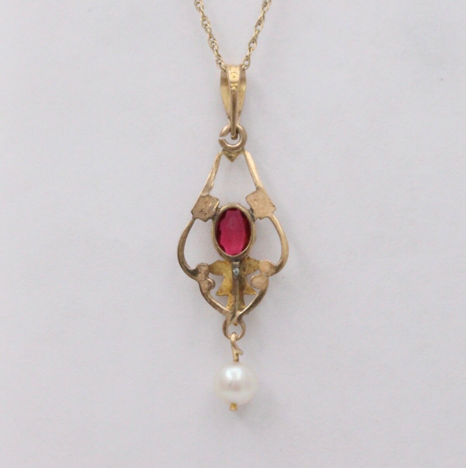 Antique Art Nouveau 10K Yellow Gold Pink Tourmaline & Pearl Charm, Teardrop Pend