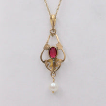 Load image into Gallery viewer, Antique Art Nouveau 10K Yellow Gold Pink Tourmaline &amp; Pearl Charm, Teardrop Pend
