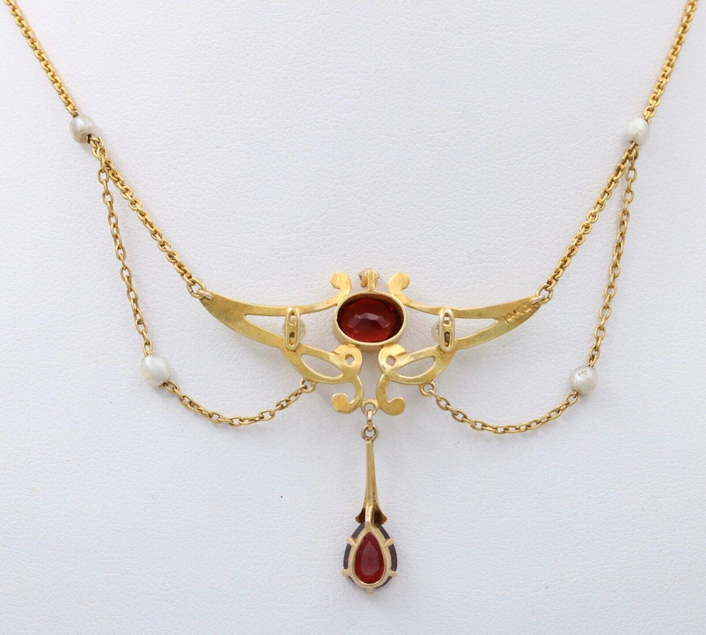 Art Nouveau 14K Yellow Gold Garnet & Pearl Enamel Festoon Necklace.