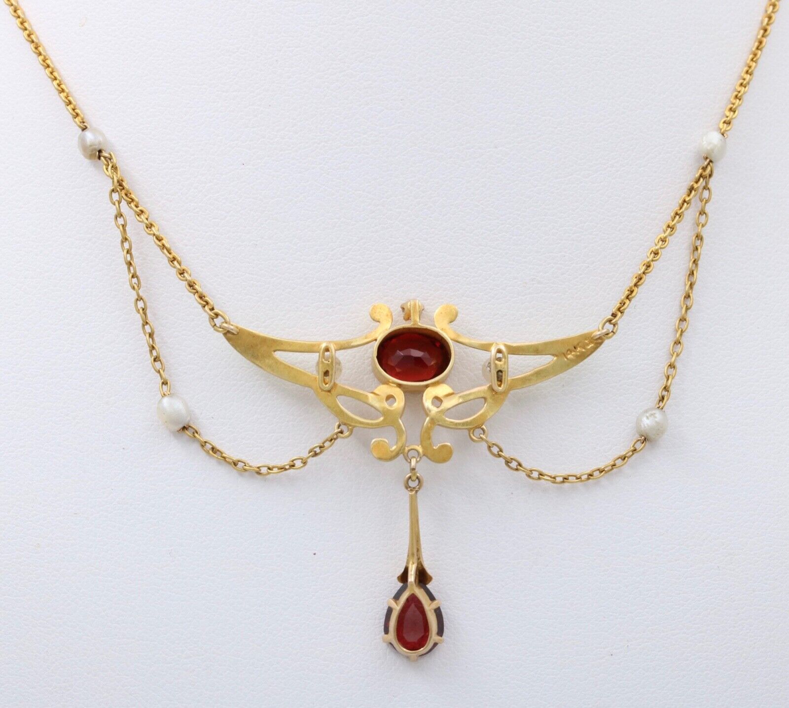 Art Nouveau 14K Yellow Gold Garnet & Pearl Enamel Festoon Necklace.
