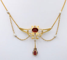 Load image into Gallery viewer, Art Nouveau Pendant Chain Garnet Natural Pearls Diamonds 14K Yellow Gold
