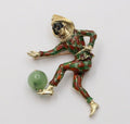 Vintage Unique Enamel Jester With Chrysoprase Ball Brooch, Pin.