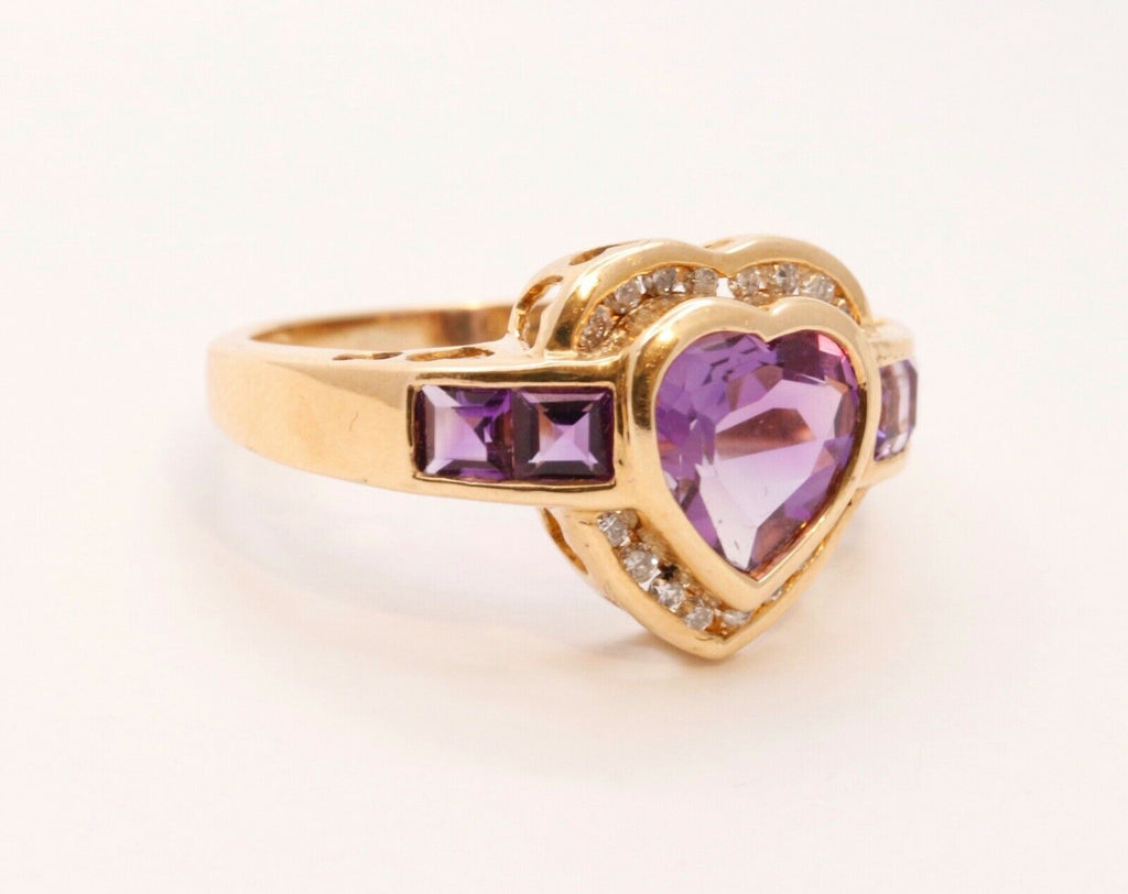 Heart Amethyst Diamonds 14K Yellow Gold Ring