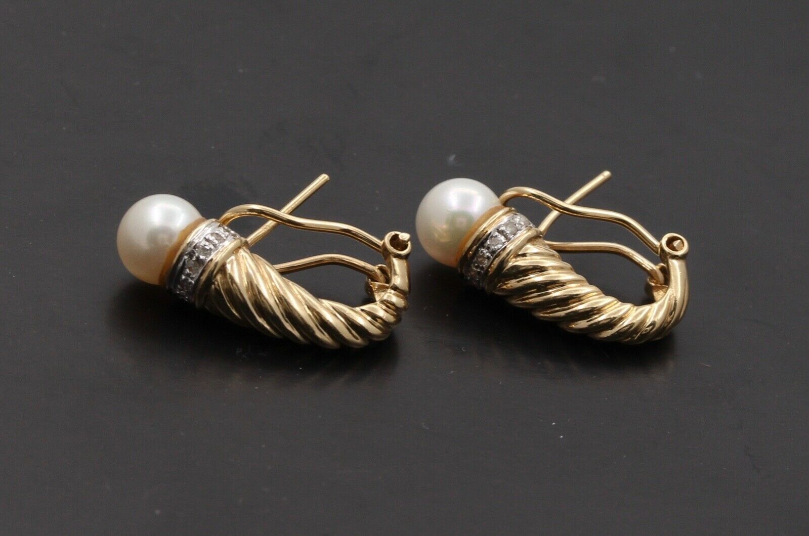 Vintage Shrimp Style Pearl Diamonds 14K Yellow White Gold Earrings