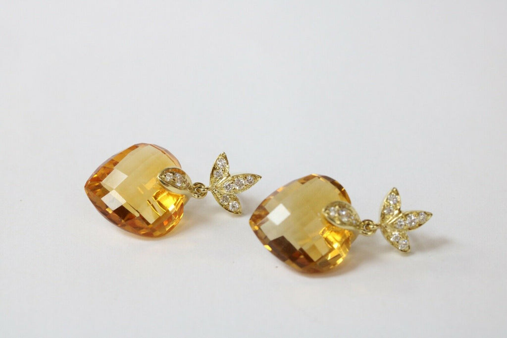 Vintage Ladies Heart Cut Citrine Diamonds 18K Yellow Gold Earrings