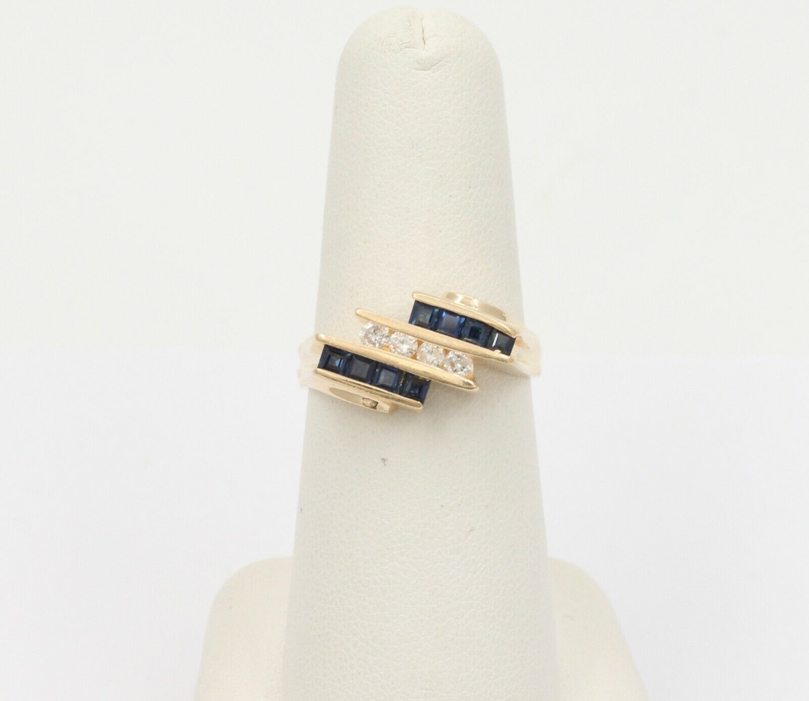 Vintage Geometric Bypass Diamonds Sapphires 14K Yellow Gold Ring