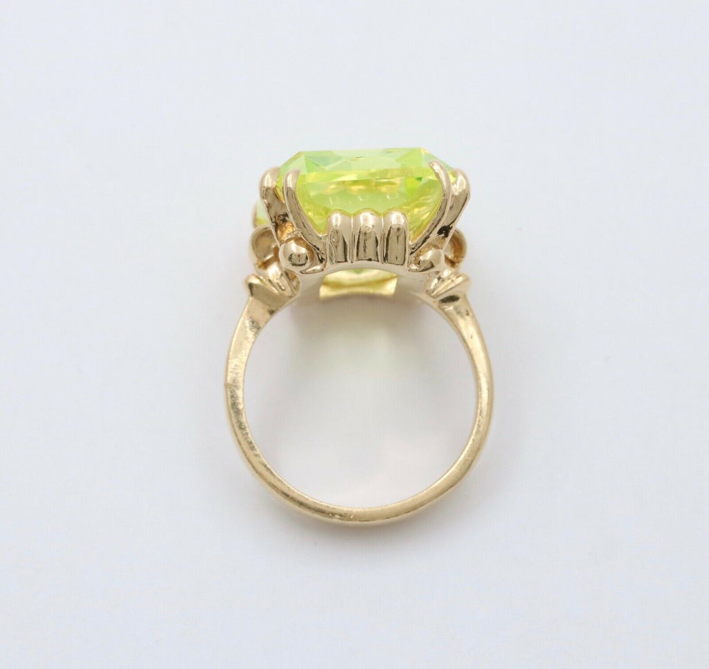 Vintage 14K Yellow Gold Uranium Glass Gem Rhinestones Ring, Vaseline Glass Ring
