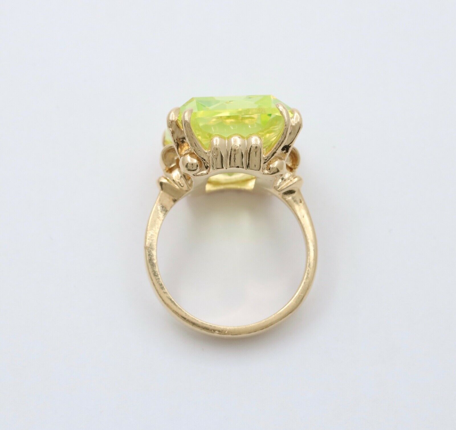 Vintage 14K Yellow Gold Uranium Glass Gem Rhinestones Ring, Vaseline Glass Ring