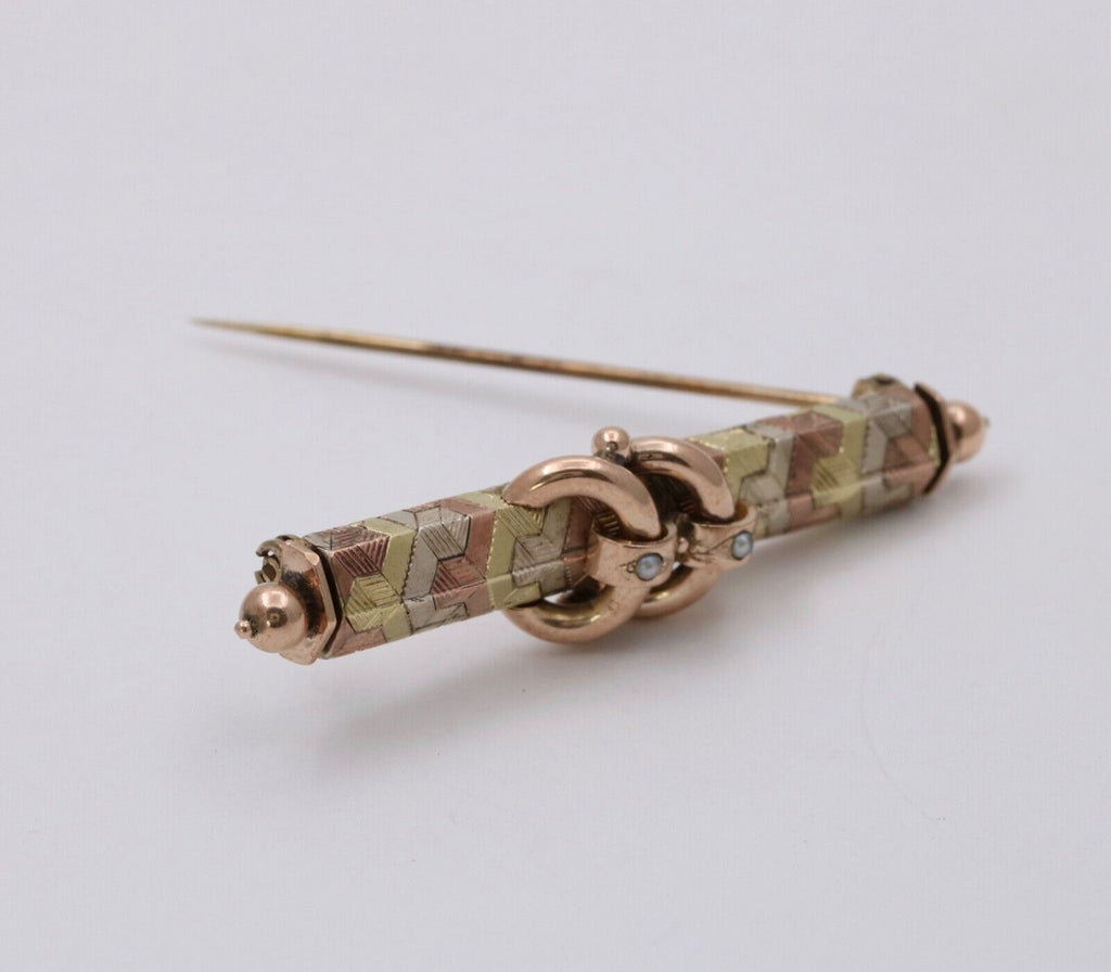 Antique Victorian Tri- Color 10K Gold Pearl Bar Pin, Antique Brooch