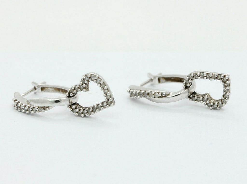Vintage 10K White Gold Diamond Heart Drop Earrings