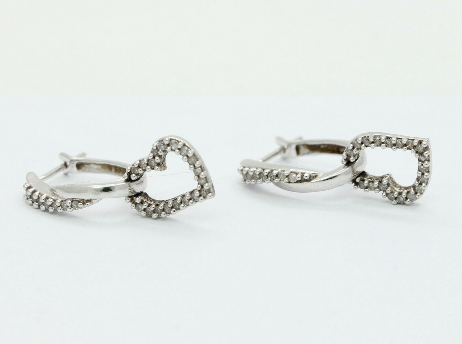 Vintage 10K White Gold Diamond Heart Drop Earrings