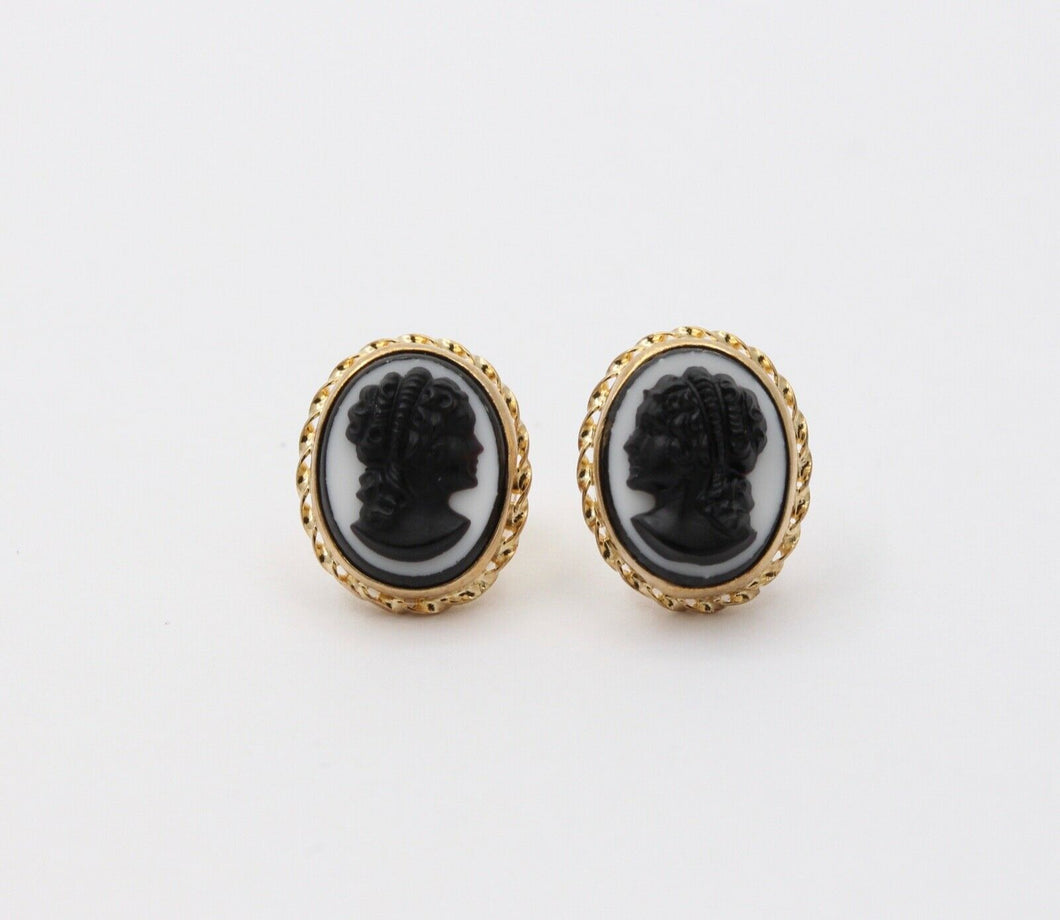 Vintage Victorian Revival Cameo 14K Yellow Gold Earrings