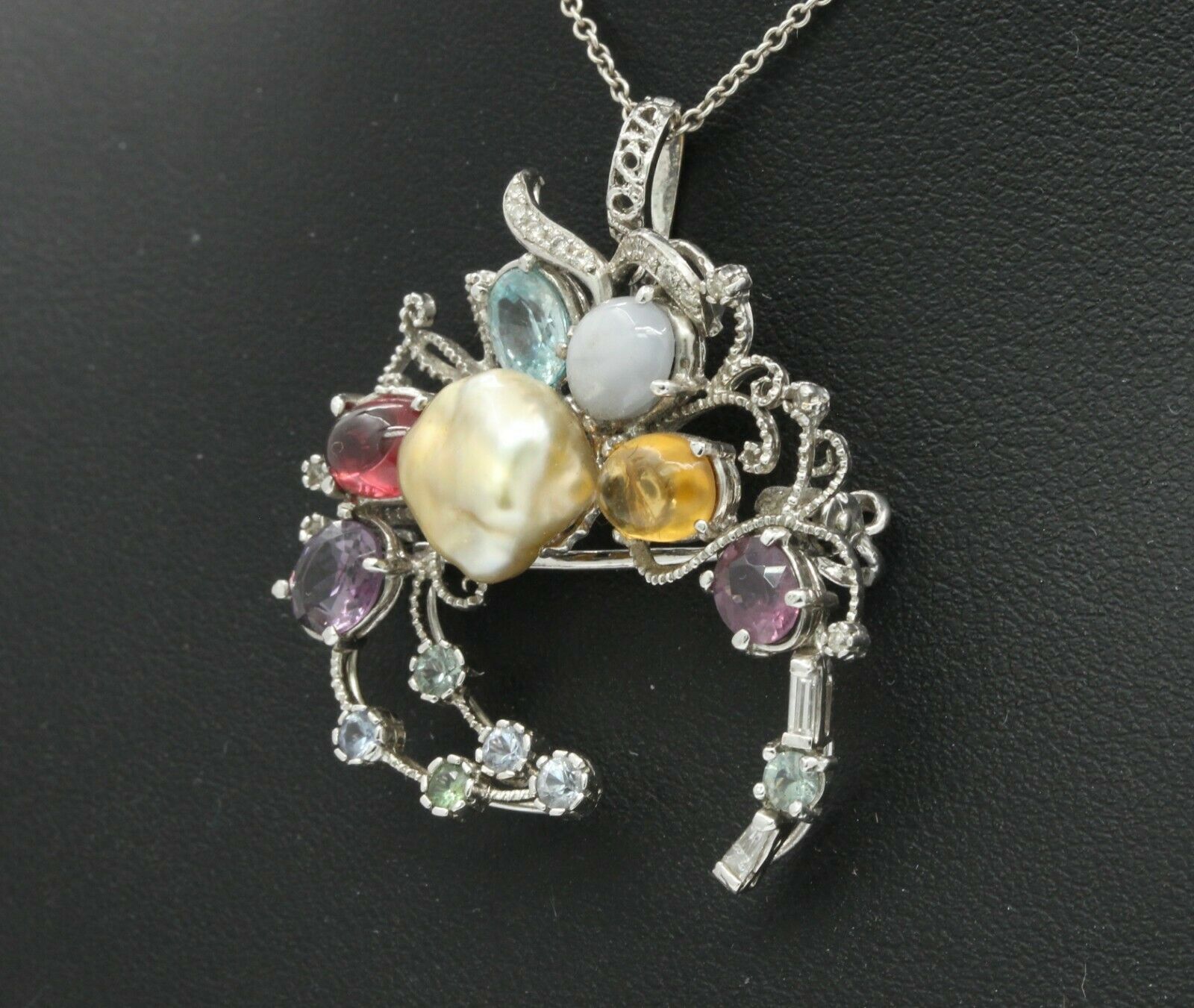 Vintage 18K White Gold Multi-Gemstone Diamond Brooch Pendant