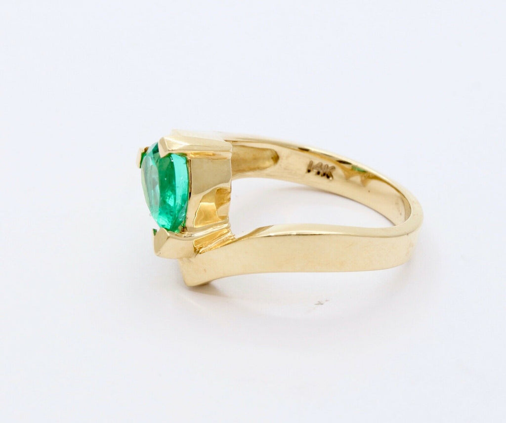 Vintage Modernist Emerald Diamonds 14K Yellow Gold Bypass Ring