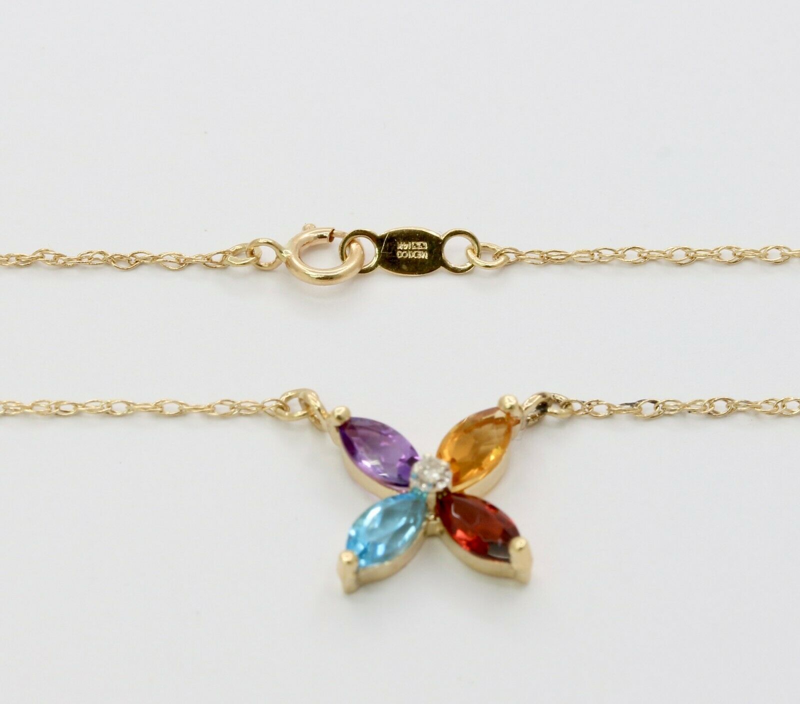 Vintage 14K Yellow Gold Four Leaf Flower Multi Stone Diamond Pendant